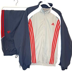Y2K Adidas Windbreaker Track Suit 2 Tone Gray and White with Red Stripes Large